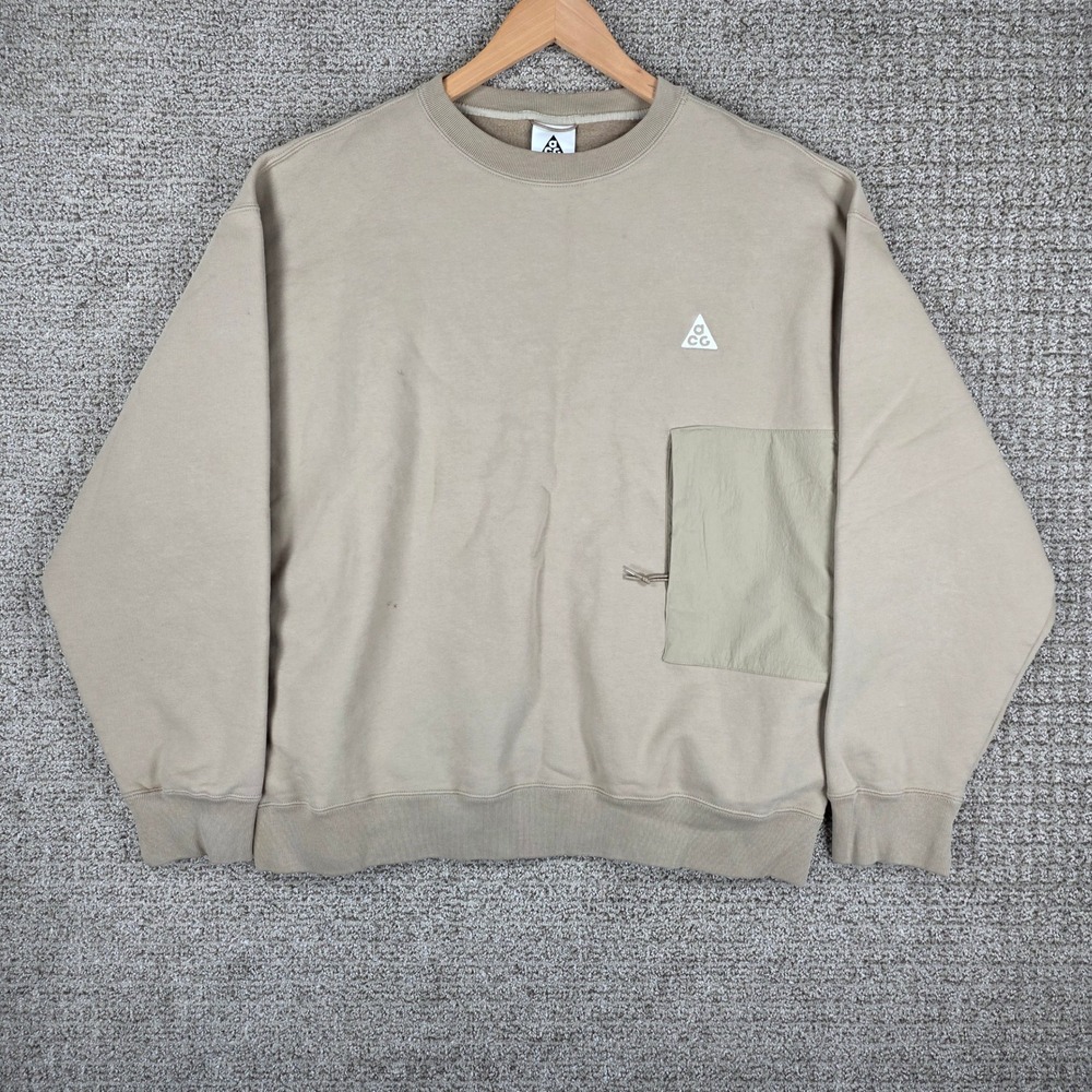 Nike ACG Mens Fleece Lined Crewneck Sweatshirt Khaki Beige Large Pocket